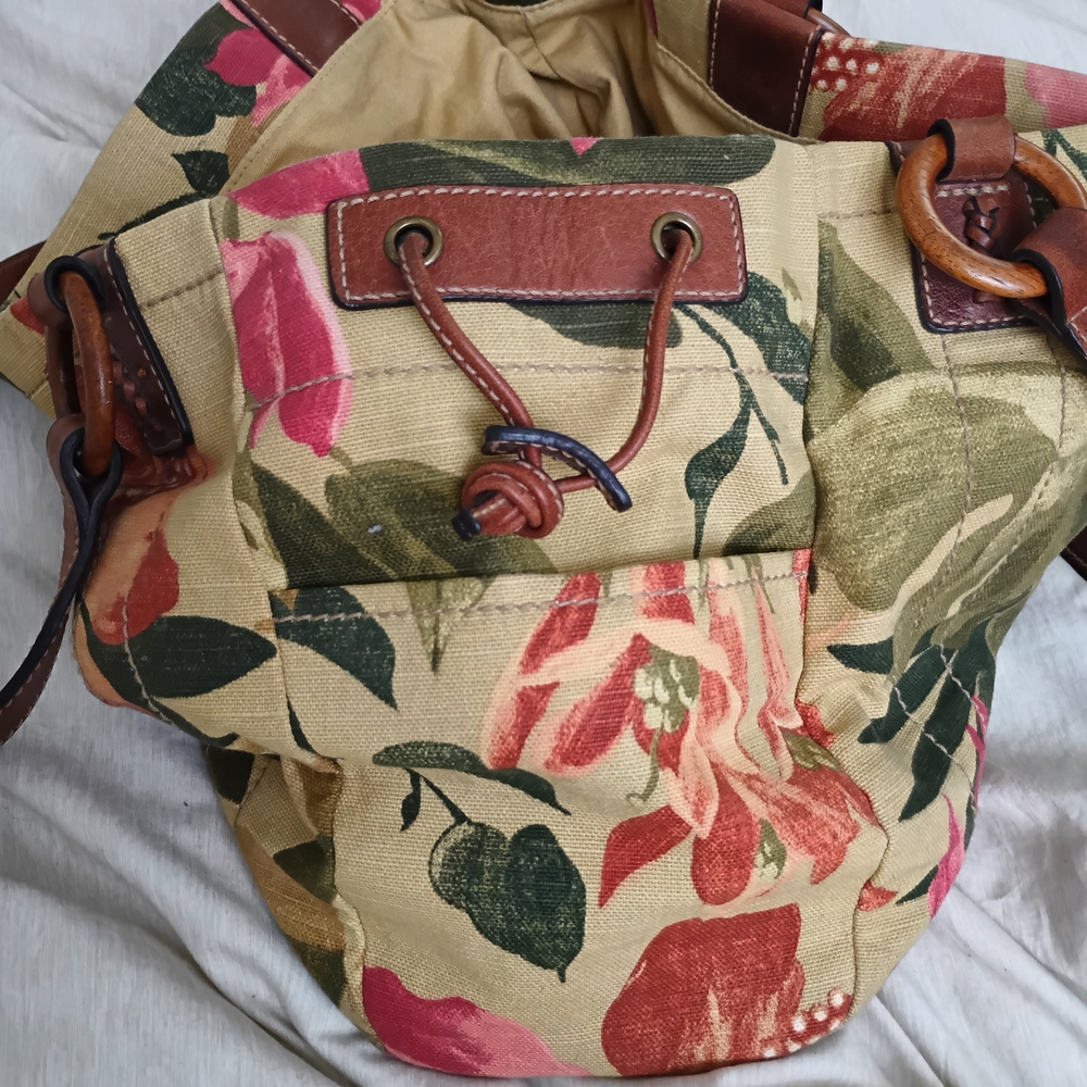 Vintage FOSSIL Floral Canvas Tote Bag with Brown Leather Handles - Picture 6 of 9